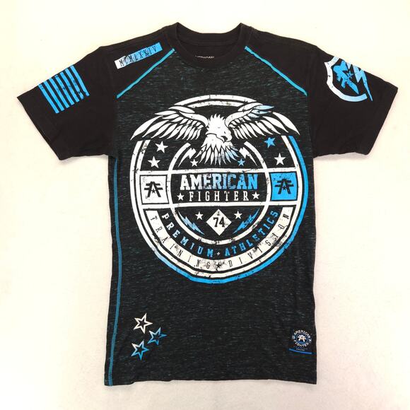 American Fighter Casual Graphic Crew Neck T Shirt Mens Size S Black Blue - Picture 2 of 9